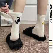 纯棉版猫咪卡通袜子女，趣味插画ab袜，可爱日系设计感点子纱中筒袜