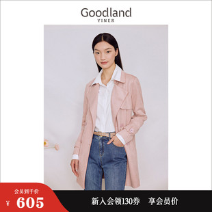 Goodland美地女装2023秋季粉色中长款麂皮绒一手长风衣外套