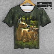 欧美3D动物小鹿图案个性男女短袖T恤流行青少年印花衣服夏季