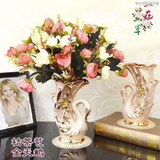 套装镀金陶瓷花瓶欧式家居饰品摆件花+花瓶仿真花假花花