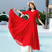 2023夏季沙滩长裙红色雪纺，连衣裙女长款大摆显瘦超长裙子仙女