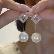 一款两戴方形镶钻珍珠耳环时尚，银针耳钉2023年潮气质名媛耳饰