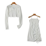两件套圆领短款罩衫+吊带修身连衣裙春夏季弹力中长款女裙子19483