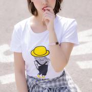 纯棉外贸夏季白色印花小黄人t恤短袖女学生，韩版上衣短袖女装