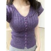 紫色v领短袖毛衣女2024春季内搭打底衫毛茸修身紧身纯欲上衣