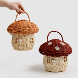 oakliving藤编手提篮收纳篮子编织拍摄道具摆件家用创意蘑菇造型