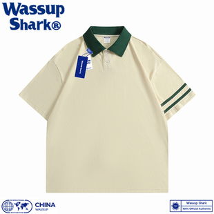 wassupshark美式重磅纯棉条纹，polo衫短袖t恤男夏季宽松纯色上衣