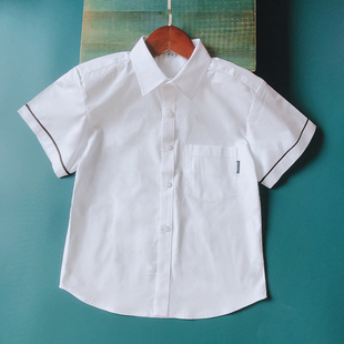 男童短袖白衬衫夏装袖口，黑边口袋标半袖纯棉学生校服白色衬衣