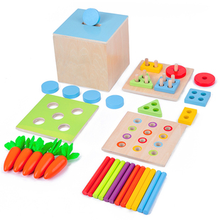 蒙氏教具木制多功能智力盒，儿童早教益智套柱投币拔萝卜插棍玩具