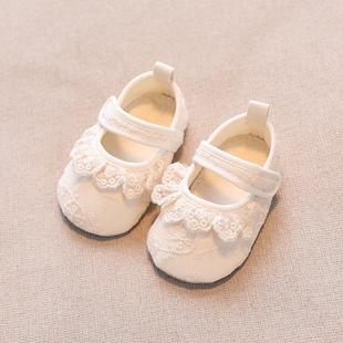 婴儿鞋子蕾丝花边软底地板鞋，新生女(新生女，)宝宝百天周岁公主步前鞋学步鞋