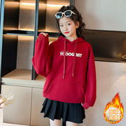 女童卫衣加绒加厚秋冬装2023韩版红色打底衫上衣中大童洋气潮