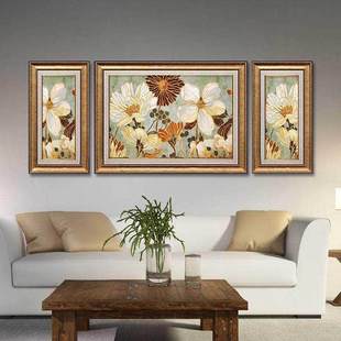 美式乡村装饰画客厅装饰画，高档室内植物，花卉有框挂画三联组合画