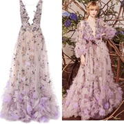 marchesa 紫色花朵仙女两件套披肩主持演出晚礼服新娘婚礼敬酒服