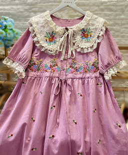 粉紫色棉麻连衣裙文艺森，女系绣花娃娃，领短袖套头收腰宽松夏装
