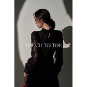 TTT 设计款法式复古蕾丝连衣裙女秋装半高领v领收腰气质长裙