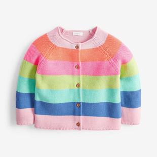 英国NEXT童装女童女宝宝春秋荧光色彩虹针织开衫条纹毛衣外套