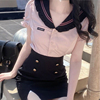 夏纯欲辣妹jk制服套装设计感开叉，性感包臀裙+海军领粉色短袖衬衫
