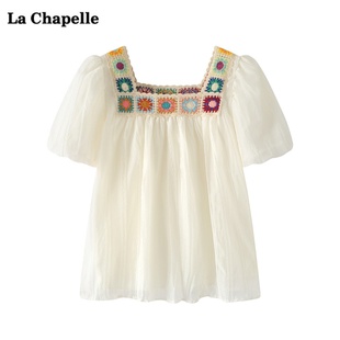 拉夏贝尔/La Chapelle法式方领泡泡袖衬衫女夏季民族风小衫上衣