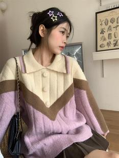 韩系减龄软糯撞色POLO领宽松针织衫上衣2023冬装甜美风可爱毛衣