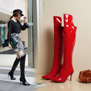外贸大码欧美夜店性感长靴细跟超高跟鞋大红色尖头侧拉链皮靴4984