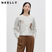 NEELLY纳俪米色短外套春季新款单排扣时尚百搭上衣女减龄针织衫