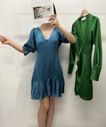 女士纯元AL*X蓝色波点肩袖褶皱设计绸缎般质感高级感短款连衣裙