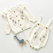 婴儿3-6月宝宝套装花朵外套背带哈衣爬服两件套针织，毛衣包(毛衣包)屁秋冬