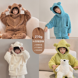 儿童珊瑚绒家居服，2023亲子冬装男童睡衣宝宝，套装加厚中大童两件套
