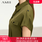 amii2024夏季纯色，通勤翻领短袖雪纺衫女衬衫