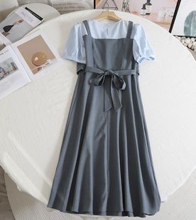 诗系！显瘦灰蓝色拼接假两件连衣裙2024夏季气质高级感裙子