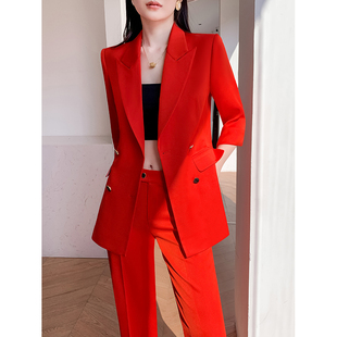 红色夏季西装套装女薄款高级感职业气质七分袖阔腿裤休闲西服外套