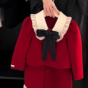 韩国童装女童毛呢套装秋冬洋气过年服加绒，红色外套背心裙两件套潮