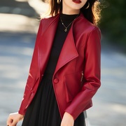 红色小皮衣外套，女2023年秋冬高级感修身显瘦短款翻领皮夹克
