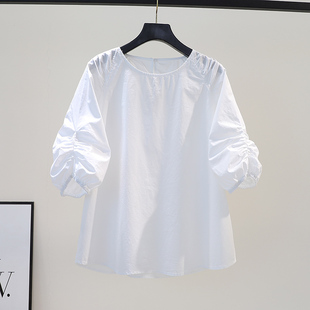 褶皱泡泡袖白色棉衬衫，女圆领套头宽松衬衣，2022夏季洋气百搭小衫潮