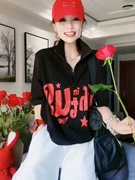 夏季黑色t恤女上衣百搭街头个性韩版立领，显瘦大码网红同款休闲款