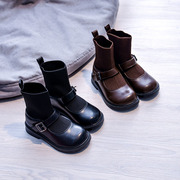 儿童靴子女春秋单靴宝宝袜靴英伦，风皮靴黑色，小童短靴女童马丁靴