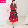 唐装套装女复古中国风夏装大码女装印花拼接短袖上衣半身裙两件套