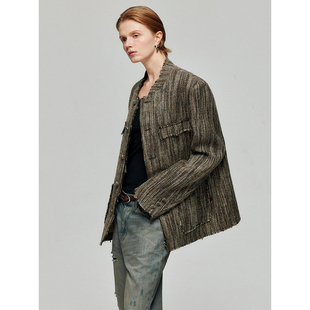 Simple Project羊毛混纺混色肌理小香风中式西装立领夹克毛边外套
