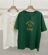 韩版复古显白墨绿色卡通字母印花短袖T恤女夏季宽松圆领纯棉上衣
