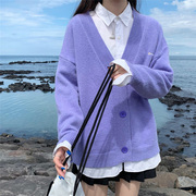 日系学院浅紫色毛衣女(毛衣女)香芋紫ins少女超，仙洋气软糯v领针织开衫外套