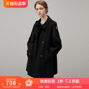 dfvc韩版黑色中长款毛呢，外套女2023秋季宽松羊毛双面呢子大衣