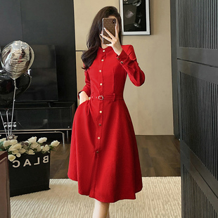 2023秋季女装法式赫本风红色，连衣裙收腰显瘦高级感气质衬衫裙