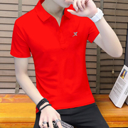 特步短袖t恤男红色短款体恤，夏季半袖短t大码宽松运动polo衫男
