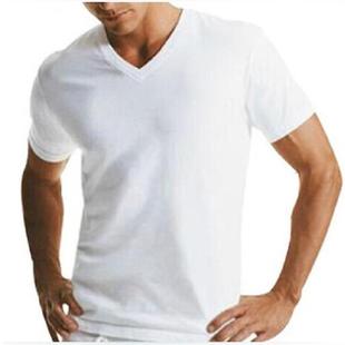 1件 纯棉男士短袖内衣t恤男背心汗衫修身V领男打底衫半袖白色