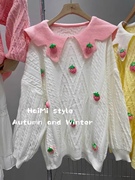 欧洲站多巴胺女孩甜美娃娃领针织立体花上衣减龄百搭韩版大码毛衣