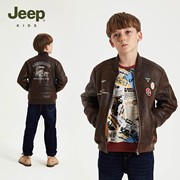 Jeep童装男童皮夹克2023秋冬加绒防寒复古飞行员外套亲子装