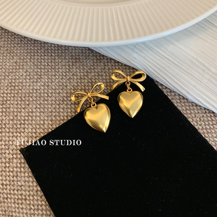 Tujiao 复古法式精致爱心vintage蝴蝶结高级感甜美气质小众耳环