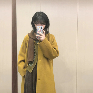 高级感复古黄色呢子大衣女秋冬韩版中长款小个子气质毛呢外套