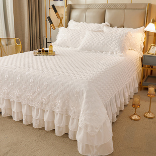 简约白色床单单件韩版蕾丝，花边床裙床罩四件套，加厚夹棉床盖三件套