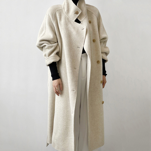 韩版廓形斜襟羊毛宽松100%双面羊绒大衣女秋冬宽松长款毛呢外套
